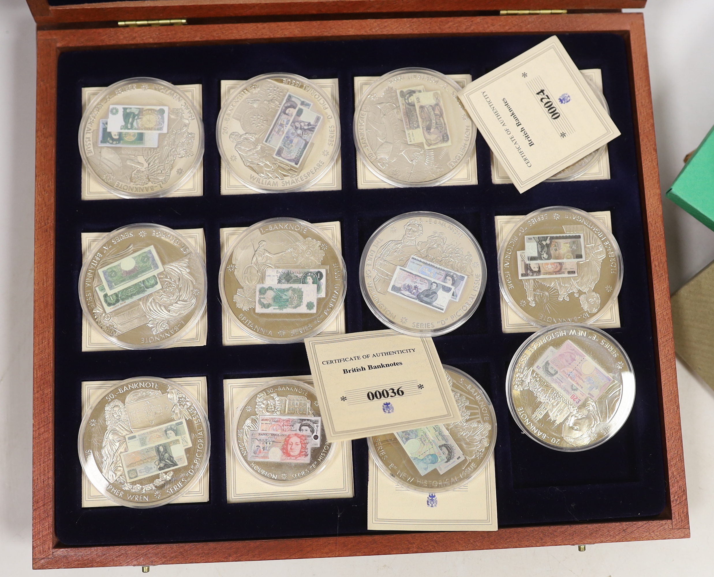 Six Royal Mint British coin proof sets, 1970s, 3 cases of 'British banknotes', commemorative coins, other various Queen Elizabeth II coins.